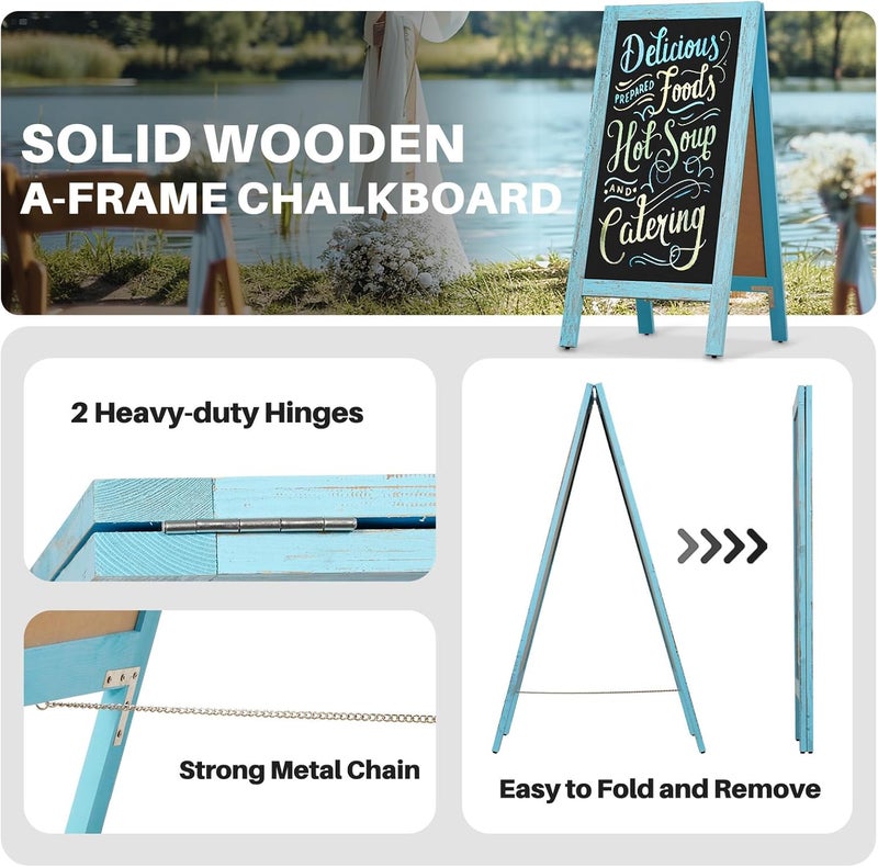 4 Thought A-Frame Chalkboard 40" x 20", Chalk Board Sign Board Magnetic Sandwich Board Pine Wooden Freestanding Double-Sided Chalkboard Easel for Restaurant Cafe Shop Wedding Party, Blue - Image 2